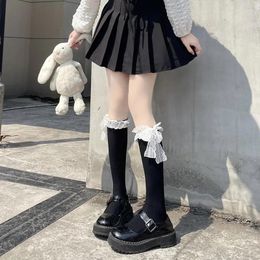 Women Socks Lolita Sweet Girls Long Stockings JK Japanese Style Lace Bow Knee Solid Black White High