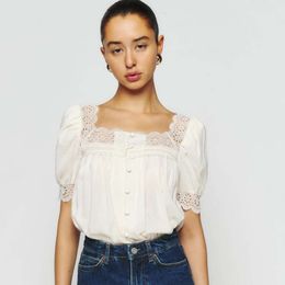 24ss New Designer Womens T Shirts Summer New Style Square Neck Lace Front Button Top Women's Loose Bubble Short Sleeved Shirt Blouses Women Woman Clothes T-shirt