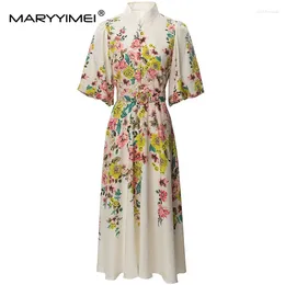 Party Dresses MARYYIMEI Fashion Women's Shirt Collar Lantern Half -Sleeved Single-Breasted Lace-Up Printed Beaded MIDI Dress