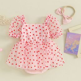 0-18M Infant Baby Girls Valentines Days Romper Dress Short Sleeve Heart Print Mesh Tulle Jumpsuits Hairband