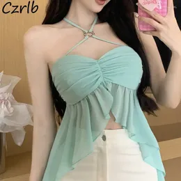 Women's Tanks Irregular Halter Camis Women Sexy Ruffles Aesthetic Summer Beach Style Backless Elegant Lady Simple Clothing Vacation Daily