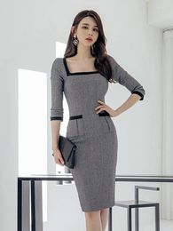 Casual Dresses Fashion Work Style Formal Pencil Dress Women Mujer Elegant Office Commute Square Collar Wrap Hip Midi Vestido Street Clothes