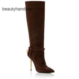 Tom Fords -BOOT lady heels calf party leathers Winter boots booty padlock and gold womens pointy toe wedding boot dress long pumps 35-42 high boots