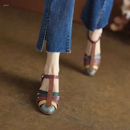 Tied Sandals T Style Low Retro Heels Pointed Toe Women Hollow Mixed Colour Cover Buckle Strap Casual Outdoor F 0ba ied oe