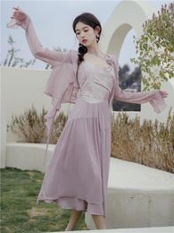 Casual Dresses Purple Tie Dye Chiffon France Vintage Fairy Dress Korean Style Sling Women Backless Sexy Elegant Party Midi Shawl