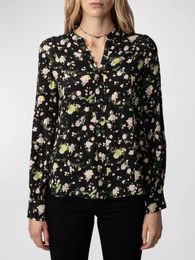 Women's Blouses 2024 Spring Rose Floral Printed Viscose Round Buttoned Neck Blouse/Long Sleeve Dress/Skirt For Women