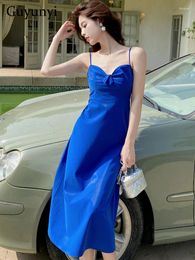 Casual Dresses Bohemia Dress Summer Blue Simple Fashionable Temperament Pleated Bow Sexy Strap Sleeveless Open Back Elegant Party Women
