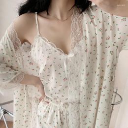 Home Clothing Women Pajamas Suit Summer Silky Kimono Robe Gown Print Leopard 3PCS Sleep Set Strap Sling&Shorts Lace Patchwork Nightwear