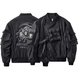 Men's Jackets Mens autumn and winter American street work jacket 2023 new zippered pocket solid Colour skull death embroidery fashion trend jacket Q240523