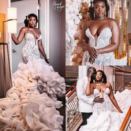 Luxury Mermaid Wedding Dresses Bridal Gown Lace Applique Beaded Illusion 2021 Sleeveless Chapel Train Custom Made Ruffles Bride vestido 272W