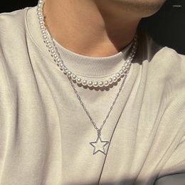 Chains Vintage Imitation Pearl Chain Necklace Fashion Statement Goth Hollow Star Pendant Choker Grunge Jewellery Steampunk Men