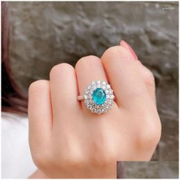 Cluster Rings Luxurious Paraiba Sapphire Flower Oval Diamond Couple Ring For Women Geometric Zirconia Sier Plated Anniversary Gift Dro Dhjlv