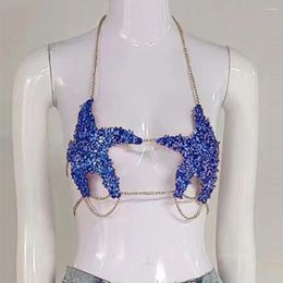 Bras StoneFans Festival Pink And Blue Flower Bra Chain Harness Chest Accessories Rave Bikini Rhinestone Body Lingerie Women