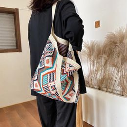 Shopping Bags Women's Knitting Wool Shoulder Bag Colourful Diamond Pattern Simple Cloth Handbag Casual Tote Winter Warm Woollen