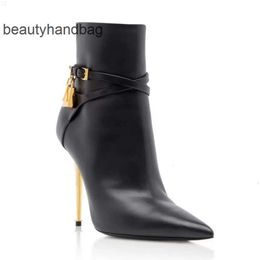 Tom Fords heel Perfect boots women brand ankle boots thin designer woman Belt boot padlock and gold heeled pointy toe dress wedding party gift with box AFG9