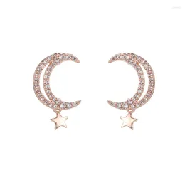 Stud Earrings Sweet Moon Shaped Star Charm Starry Bling Full Twinkling Crystal Zircon Rose Golden Silver Plated For Women
