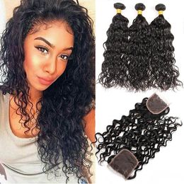 Brazilian Virgin Hair Wefts With Closure Water Wave 3 Bundles With 4X4 Lace Closure With Baby Hair Pre Plucked 4 Pieces/lot Wet And Wav Lenn