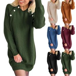 Casual Dresses Vintage Winter Knitted Dress Ladies Chic Button Crewneck Lantern Long Sleeve Sweater For Women Autumn Sexy