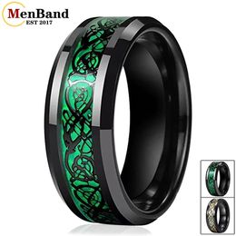 MenBand Fashion 8MM Mens Womens Wedding Band Black Tungsten Ring With Green Opal Black Dragon Inlay Comfort Fit Size 5-15 240522