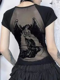Black Retro Angel Print T-shirt for Women Spring Fashion Slim Fit Tee Shirt Y2k E-Girl Long Sleeve Bottoming Tops Mujer 240523