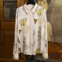 Women's Blouses FANIECES Autumn Geometric Print Satin Women Blouse Long Sleeve Lapel Button Up Shirt Elegant Office Lady Tops Blusas Para