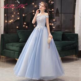 Party Dresses AnXin SH Vintage Grey Blue Flower Lace Spaghetti Strap Beading Crystal Bride Ball Gown Princess Sparkly Host Evening Dress