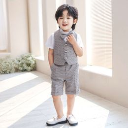 Boys Kindergarten Performance School Uniform Costume Children Summer Vest Shirt Shorts Bowtie Photograph Suit Kids Wedding Dress