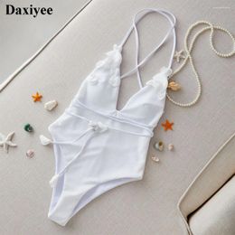 Women's Swimwear 3D Floral Patchwork One Piece Swimsuit Deep V Neck Women Halter Backless Beachwear 2024 Flower Bandage Bathing Suit