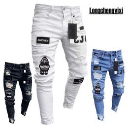 Men's Jeans New white embroidered jeans mens cotton stretch tear tight jeans high-quality hip-hop black hole ultra-thin fitting jeans Q240523