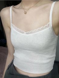 Women's Tanks Lace Patchwork Knitted Camis Women Vintage Cotton V Neck Sleeveless White Sweet Slim Vests Harajuku Summer Cute Solid Crop Top