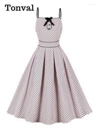 Casual Dresses Tonval Bow Front High Waist Pleated Dress Summer Vacation 2024 Women Spaghetti Strap Fit And Flare Vintage Polka Dot