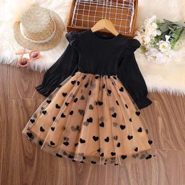 Girl Dresses Two Pieces Autumn Baby Girls Clothes Black Striped Flying Sleeves Shirts Brown Heart Print Gauze