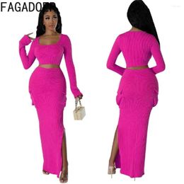 Work Dresses FAGADOER Elegant Lady Solid Ribber Skinny Skirts Two Piece Set Women Round Neck Long Sleeve Crop Top Outfits Tracksuits