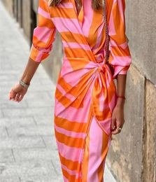 SpringSummer Fashion Print Dress Blouse Neck Tie Mid Length Striped Skirt Casual Comfortable Street Women039s Wear Dresses 2209244707