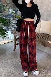 Women's Pants Vintage Red Plaid Korean Version Of High-waisted Slimming Moped Straight Leg Drop Wide-leg