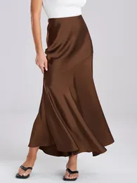 Skirts Women Elegant Midi Long 2024 High Quality Satin Waist Drawstring Lace-up Solid Colour Skirt Office Lady