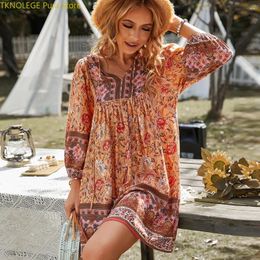 Casual Dresses TKNOLEGE Colorful Summer Dress Floral Long-sleeved Loose Holiday Bohemian Beach Above Knee Sexy For Women