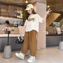 Clothing Sets Girls summer casual 2PCS short sleeved T-shirt+jogging pants set 3-13 year old teenagers and childrens WX5.23236