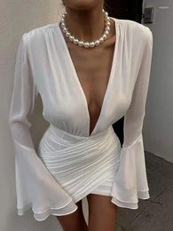 Casual Dresses YUZHEXI Fashion Deep V Wrap Hip Long Sleeve White Women Full Flare Mini Ruched Bodycon Short Tight Sheath