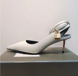 Luxury Elegant Denim Padlock Pointy Naked Sandal Cut-Outs metal carved heel dove grey Round Toes Heel Dress Shoes Designer Women Sandals Ankle Strap Pumps