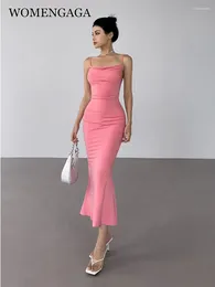Casual Dresses WOMENGAGA Summer Korean Style Fishtail Dress Women Backless Pleated Long Fitted Tight Camisole Slim Hip Wrap Fashion CF8