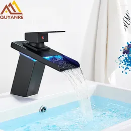 Bathroom Sink Faucets Matte Black LED Basin Faucet Brass Waterfall Temperature Colours Changing Mixer Tap Deck Mounted Wash Glass Taps