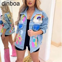 Giacche da donna Dinboa-2024 Oversize Women High Street Fashion Design Rainbow Color Paiugine Graffiti Jean Giacca Outfit Denim Shac XNVL