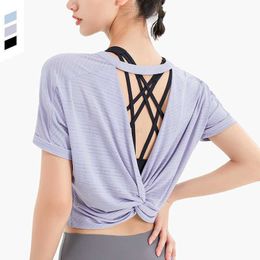 Womens Tshirt L027 Summer Sexy Hollow Out Back Womens Tops Casual Fashion Fitness Yoga Suit Loose Breathable Quick Drying Sports Tshirt Training Top Short Sleeverih