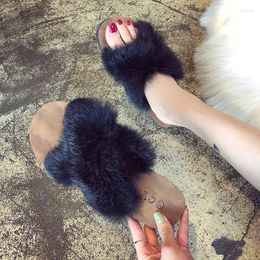 Slippers 2024 Furry Slipper Woman Autumn Winter Outside Wear Flat Cross Fluffy Women Slides Home Size 36-41 Wholesale