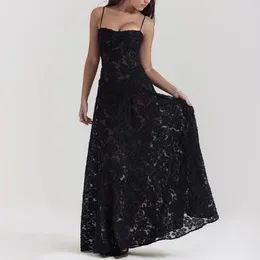 Casual Dresses Black Lace Maxi Dress Women Spaghetti Back Evening Party Lady Elegant Sleeveless Summer Vacation Vestido Runway Design