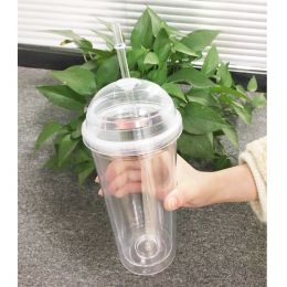 20oz Milk Tumbler with Dome Lids Double Wall Plastic Drink Cups With Straw Reusable Clear Water Bottle Transparent Fruit Cup 0524