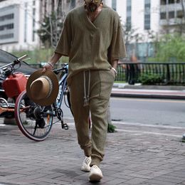 Men's Tracksuits Fashion Loose V Neck Sweater Two Piece Set Men Spring Summer Casual Solid Short Sleeve Knit Tops And Pants Suits Mens