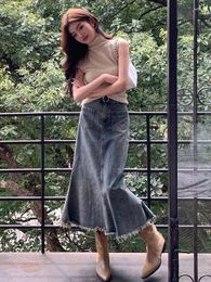 Skirts Summer Autumn Korean Vintage High Waist Blue Long For Women Fashion 2024 Thin A-line Denim Fishtail Hip Skirt All-match
