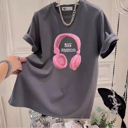 2024 New Summer Korean Style Pink Headset Printed Top Casual Oversized Loose Gray Short Sleeve T-shirt Female Fashion